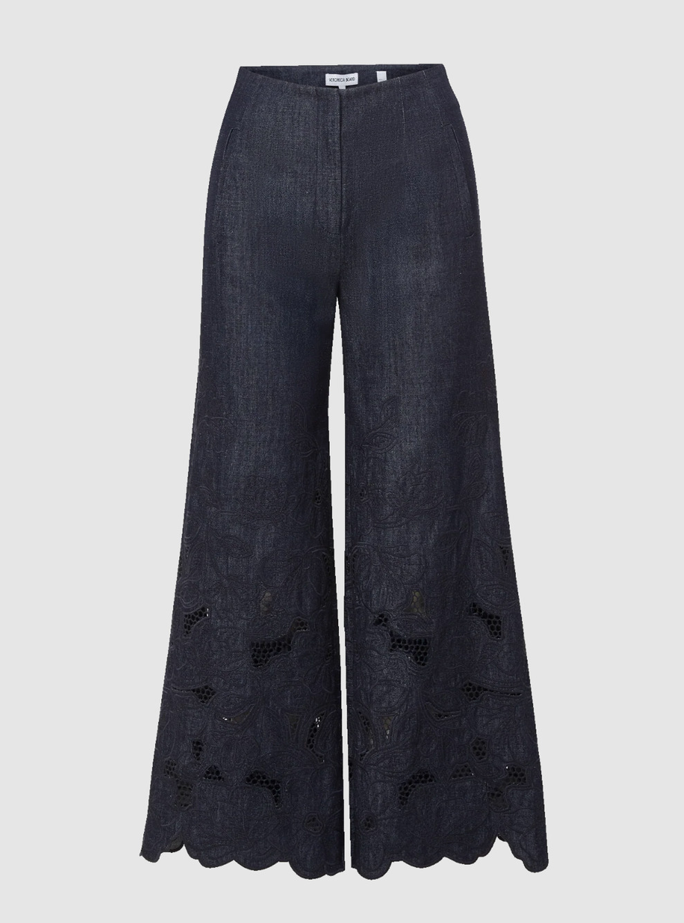 Veronica Beard Osborne Wide-Leg Eyelet Pant Navy Chambray Scalloped-Hem Pant